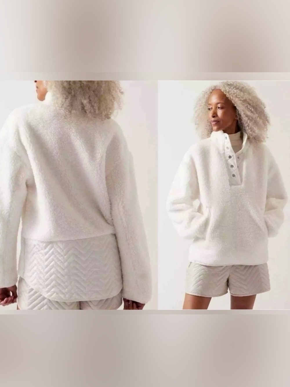 Athleta Ivory Sherpa Snap-Placket Pullover